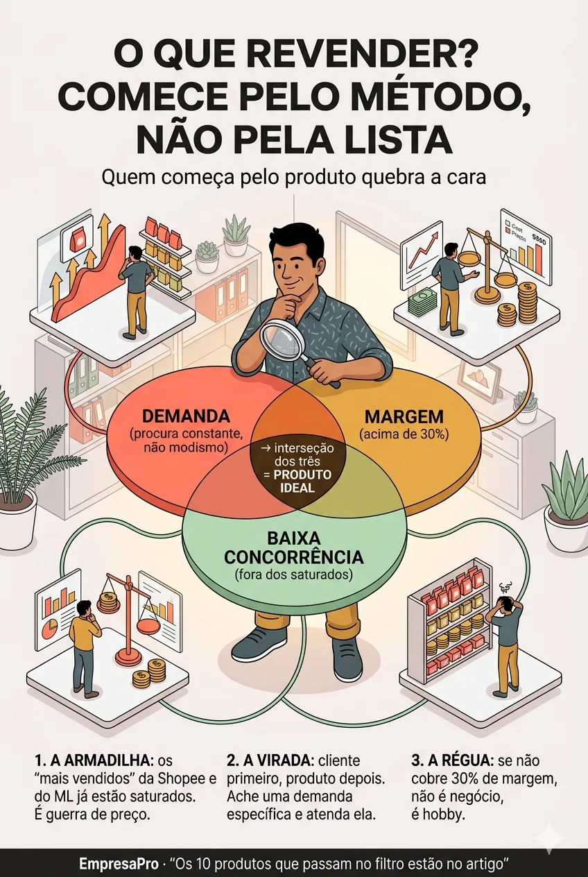 Infográfico: como escolher produtos para revender pelo cruzamento de demanda, margem acima de 30% e baixa concorrência, com a régua do produto ideal
