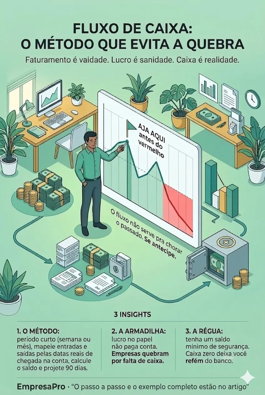 Infográfico: o método de fluxo de caixa para pequenas empresas, projetar 90 dias e agir antes do vermelho, e por que lucro no papel não é dinheiro no caixa