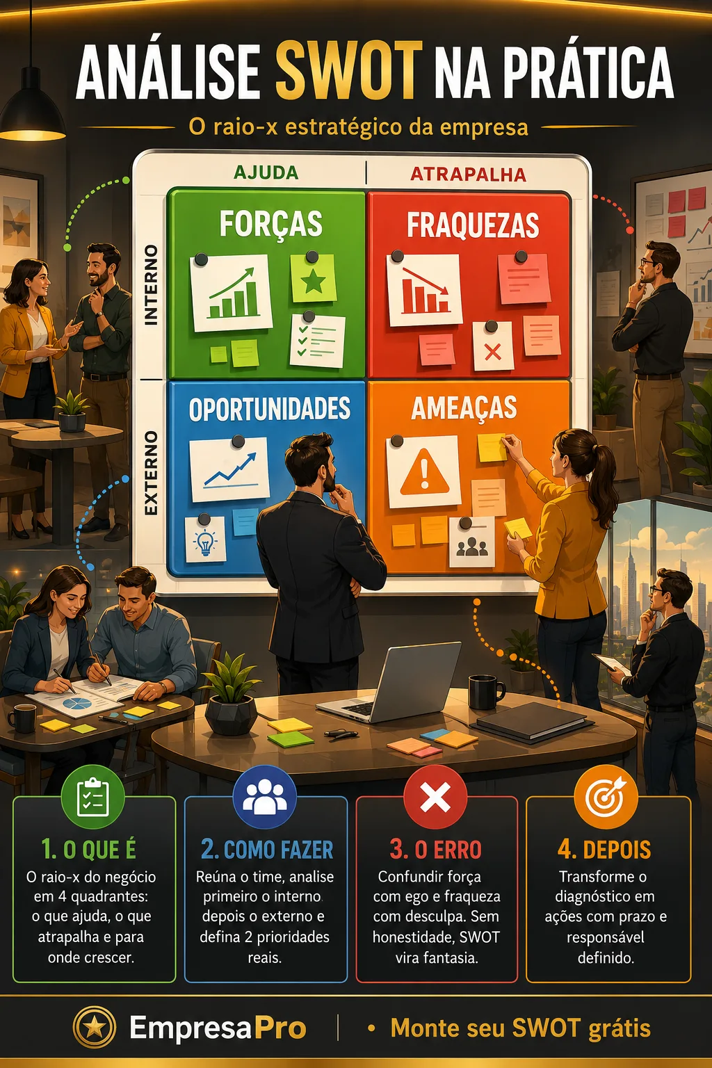 Infográfico: como fazer análise SWOT na prática, a matriz dos 4 quadrantes (forças, fraquezas, oportunidades e ameaças) e os passos para virar prioridades