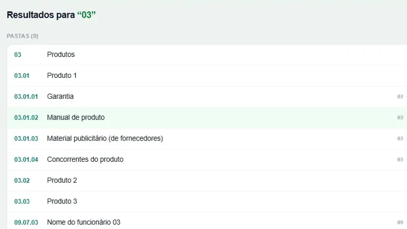 Painel do Arquivo Gestor: busca instantânea encontrando pastas e arquivos pelo código 03