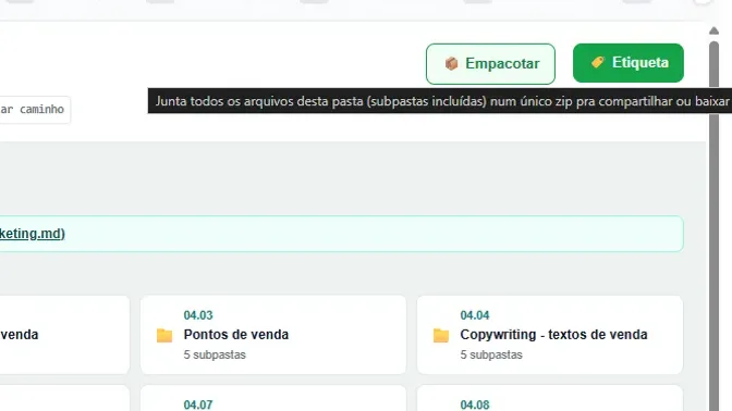 Painel do Arquivo Gestor: botão Empacotar junta todos os arquivos da pasta num único zip
