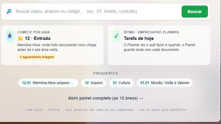 Painel do Arquivo Gestor: tela de entrada rodando local e offline no navegador