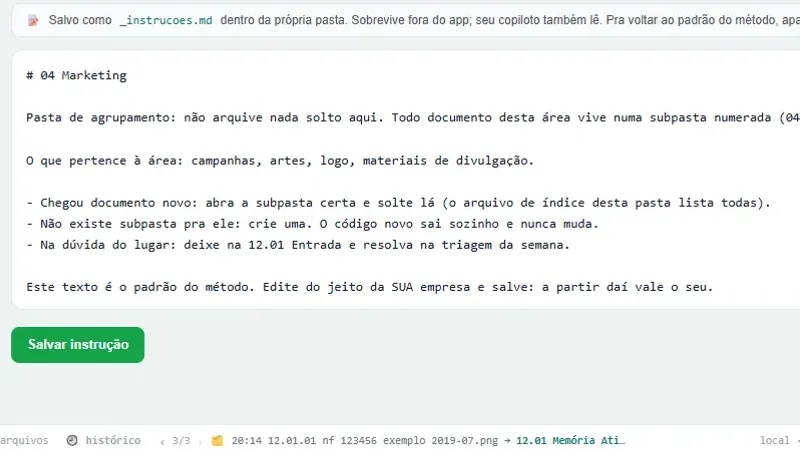 Painel do Arquivo Gestor: instruções de uso salvas dentro de cada pasta