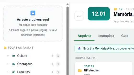 Painel do Arquivo Gestor: zona de arrastar arquivos com sugestão automática de pasta